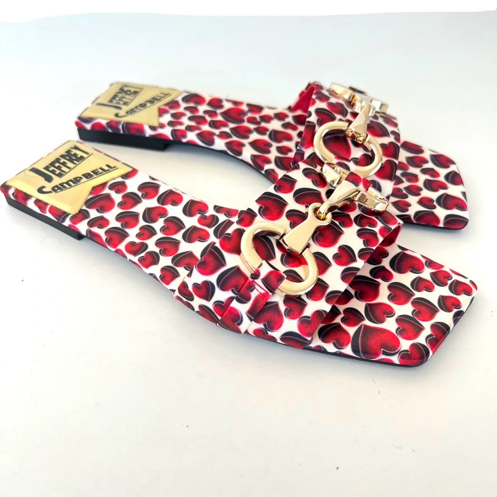 JEFFREY CAMPBELL Chantria Red Hearts Gold Buckle Flats Slides Sandals Sz 8 NWOB - Picture 11 of 11